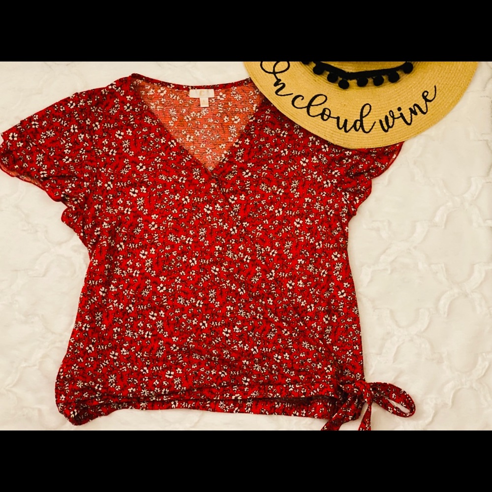 Red floral mock wrap blouse with tie